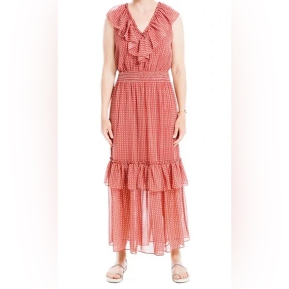 Max Studio Boho Tiered Ruffle V-Neck Maxi Dress Size Small - Picture 2 of 6